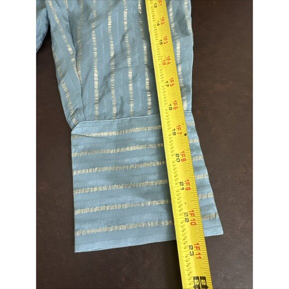 Chicos Black Label Metallic Striped Teal Button-Down Blouse With Tie Neck Size 2 - Picture 12 of 12
